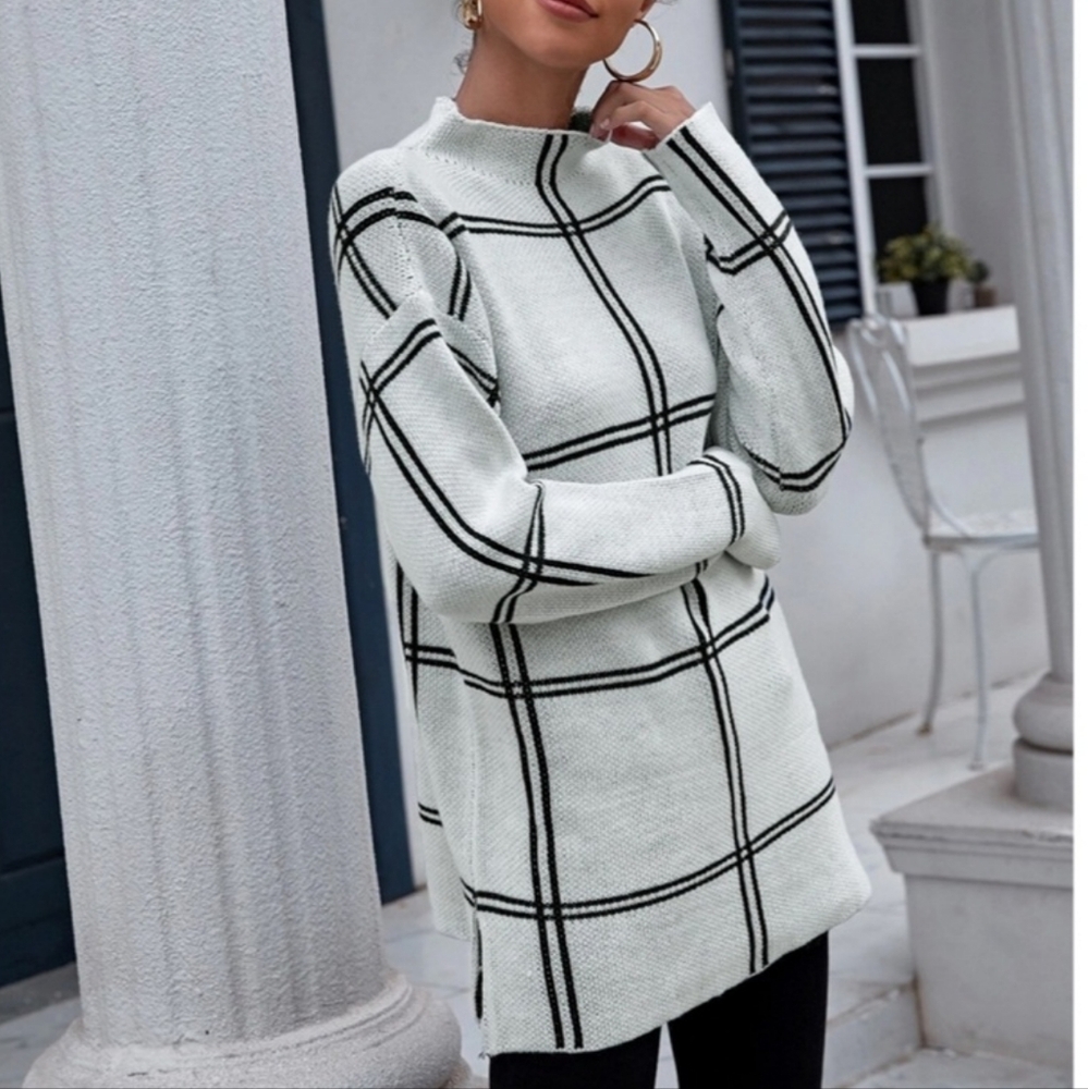 Grid Print Dirty White Long Sweater - Picture 4 of 6